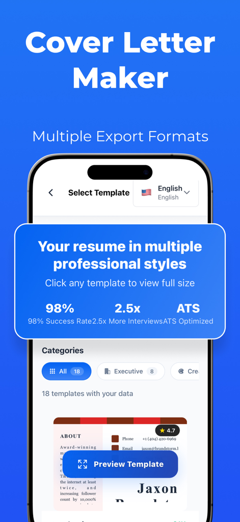 Intelligent CV: Resume - A mobile screen showing professional cover letter templates and ATS optimization stats