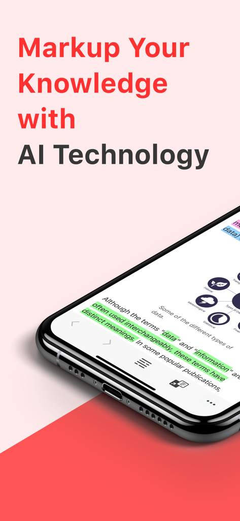 A smartphone screen showing the Markup Ultimate app with highlighted text and AI-powered annotation features.
