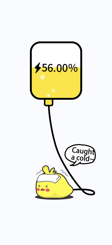 Una animación de un personaje amarillo lindo con un resfriado recibiendo una carga de batería de una bolsa de suero.