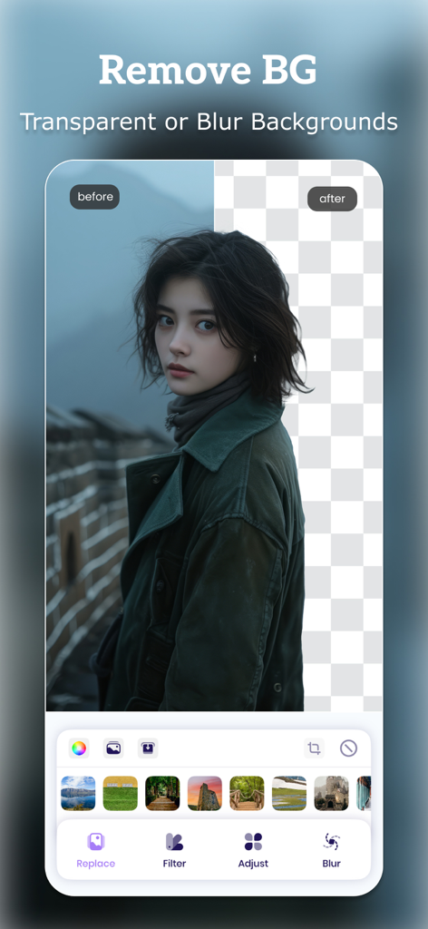 Remove Objects · Photo Eraser - AIを使用して写真の背景を削除するビフォーアフターデモンストレーション。