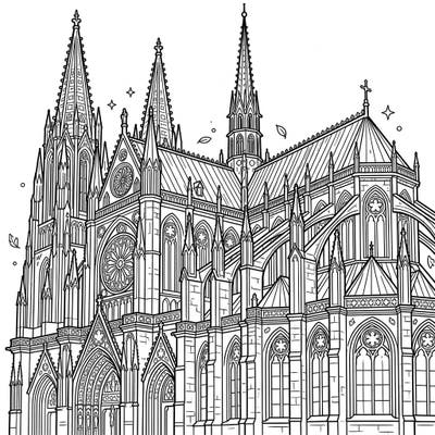 Step into a world of architectural wonder with this intricate Gothic cathedral coloring page. Explore its majestic spires, delicate rose windows, and dramatic flying buttresses, all waiting for your creative touch.