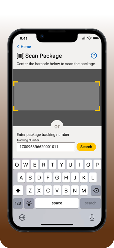 Tela de Escanear Pacote do aplicativo UPS Access Point mostrando o visualizador do scanner de código de barras e a entrada do número de rastreamento