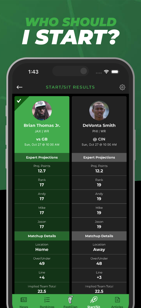 Fantasy Footballers app Start/Sit tool comparing Brian Thomas Jr. and DeVonta Smith with expert projections and matchup details.