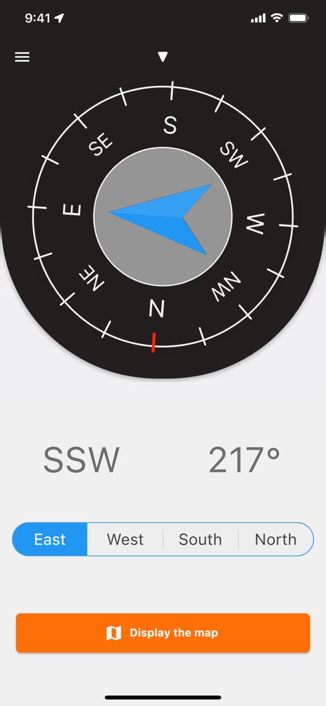 NSEW Compass - Interface do aplicativo Bússola NSEW mostrando uma bússola digital apontando para sudoeste-sudoeste com botões de exibição de graus e mapa