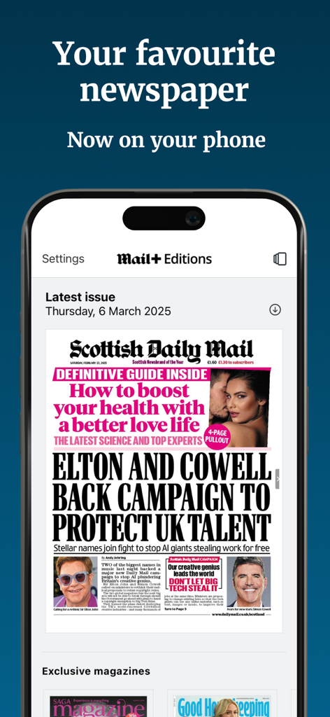 The Scottish Daily Mail app interface on a smartphone showing the latest digital newspaper edition