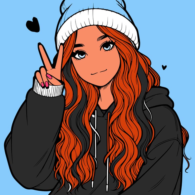 a teenage girl in a beanie, oversized sweatshirt, wavy long hair, and is showing a ✌️