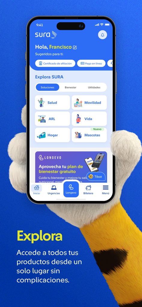 Seguros SURA - Painel do aplicativo móvel Seguros SURA mostrando vários serviços de seguro e uma saudação personalizada ao usuário