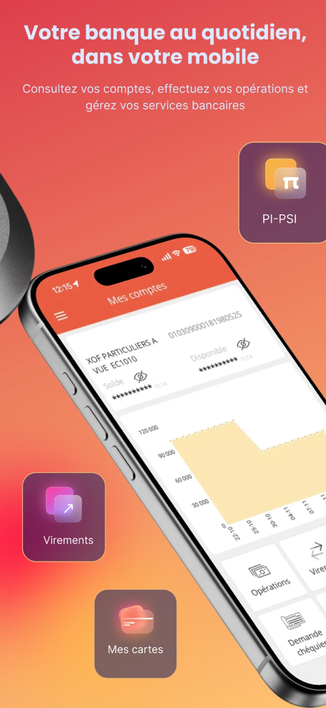 Aplicación móvil BIM Mobile Banking que muestra saldos de cuenta y opciones de transacciones financieras