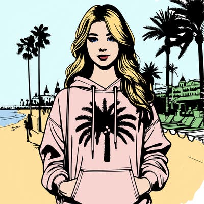 a girl real looking on summer vacation in spain on a beach with palm trees wearing a pink palm puff hoodie