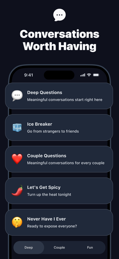 Conversation starters: DTalk - Pantalla principal de la aplicación DTalk con categorías como Preguntas Profundas, Rompehielos y Preguntas para Parejas