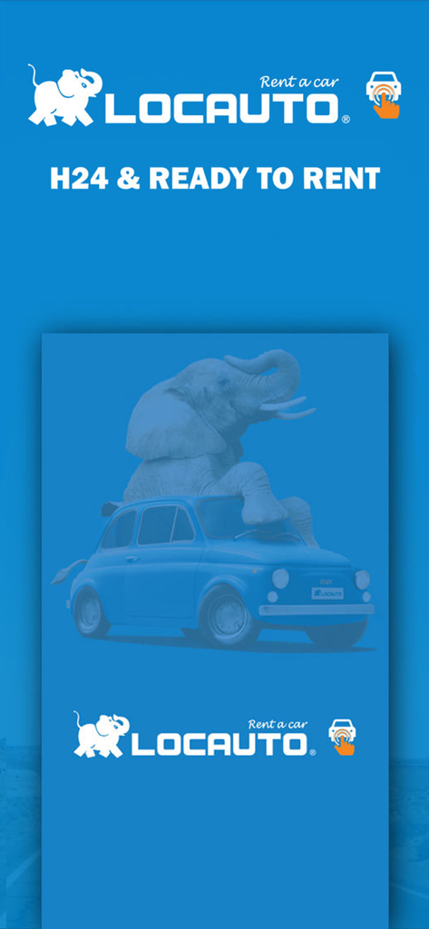 Locauto Rent - Locauto Rent app splash screen showing an elephant on a car with the text H24 and Ready to Rent