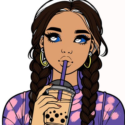 realistic girl with braided hair drinking boba