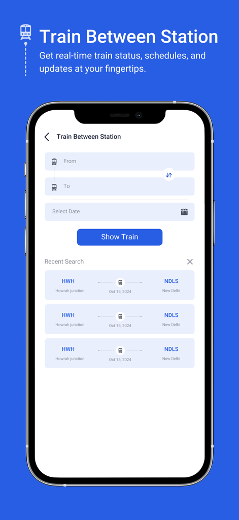 Where is my Train Live Status - HowrahからNew Delhiまでの最近の検索を表示するWhere is my Trainアプリでの駅間列車の検索インターフェース