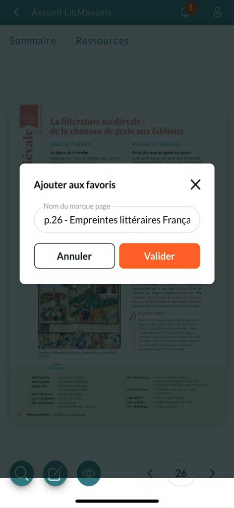 Lib Manuels - Capture d'écran de l'application Lib Manuels montrant une fenêtre contextuelle pour ajouter un marque-page à une page de manuel numérique