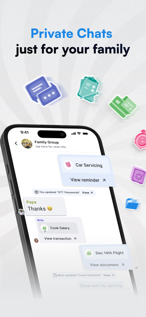 A smartphone showing the SuperFam private chat interface with family reminders and shared documents