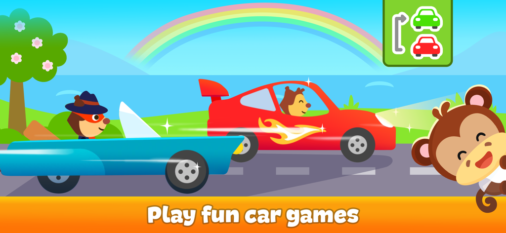 Kids Car Games: Build and Race - 虹の下で、子供向けゲームで動物のキャラクターと一緒にカラフルなカートゥーンカーがレースをしている様子