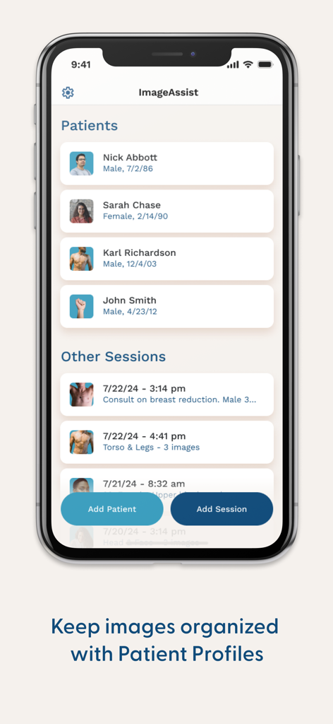 Mobile app interface for ImageAssist showing patient profiles and organized clinical photography sessions.
