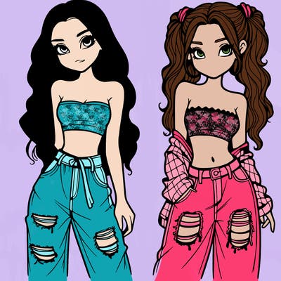 2 girls in crop tops and baggy jeans ripped