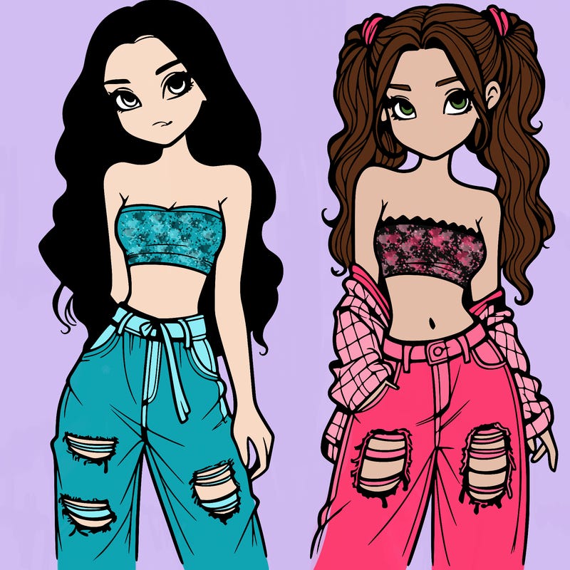 2 girls in crop tops and baggy jeans ripped