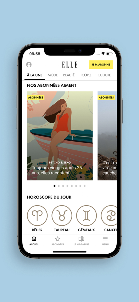 Interface of the ELLE app home screen showing featured articles and daily zodiac horoscopes