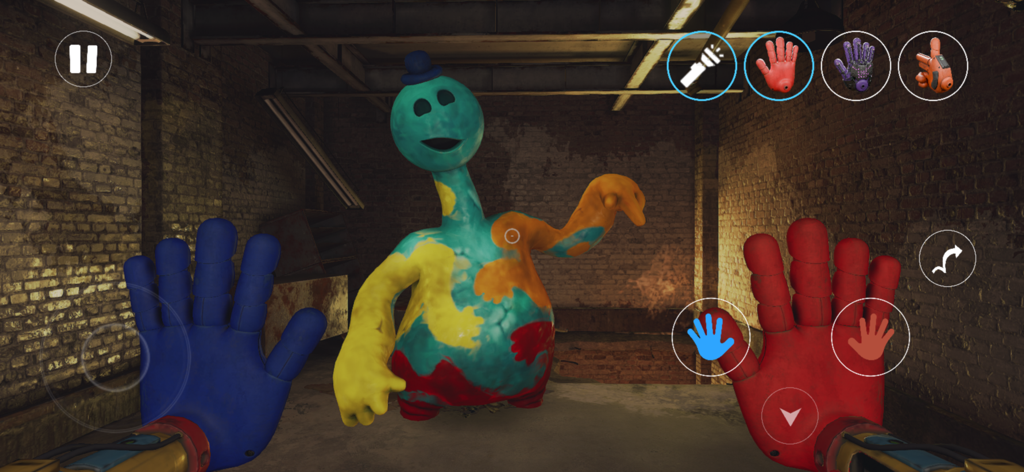 Captura de tela do gameplay de Poppy Playtime Chapter 4 apresentando um monstro de brinquedo colorido e as mãos GrabPack em uma sala industrial escura