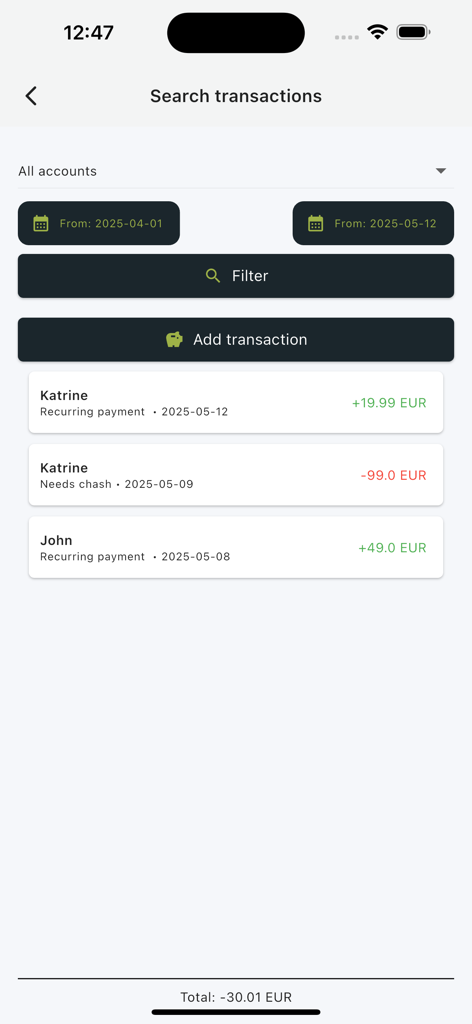 Pocket Money Manager - Pocket Money Manager transaction history screen showing allowance payments and debits for different children