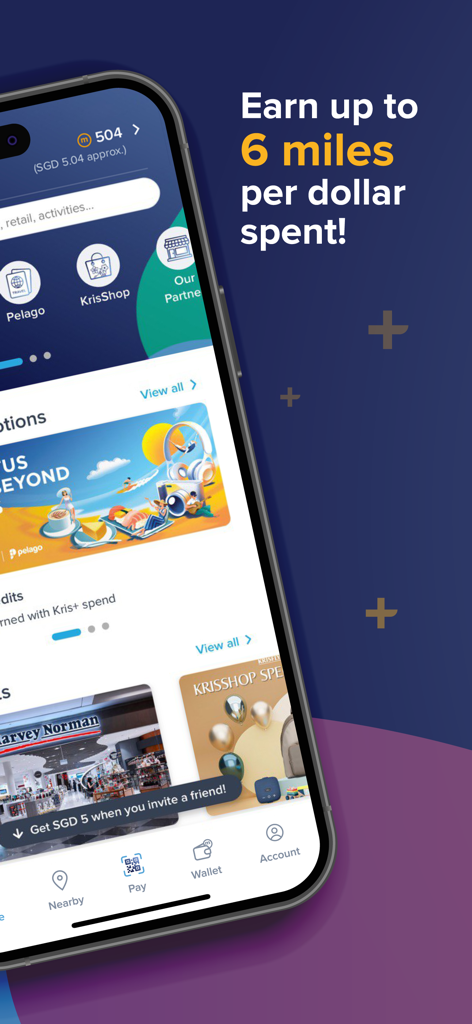 Kris+ by Singapore Airlines - Kris+ app on a smartphone displaying a promotion to earn up to 6 miles per dollar spent