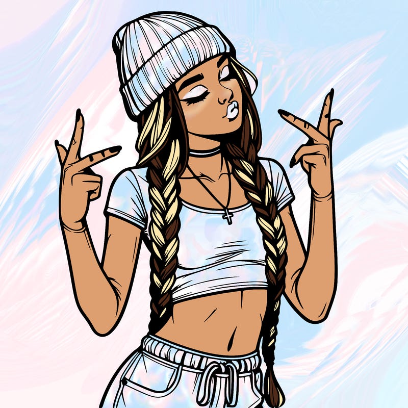 realistic teenage girl with braids and a beanie and crop top doing 🫶🏼