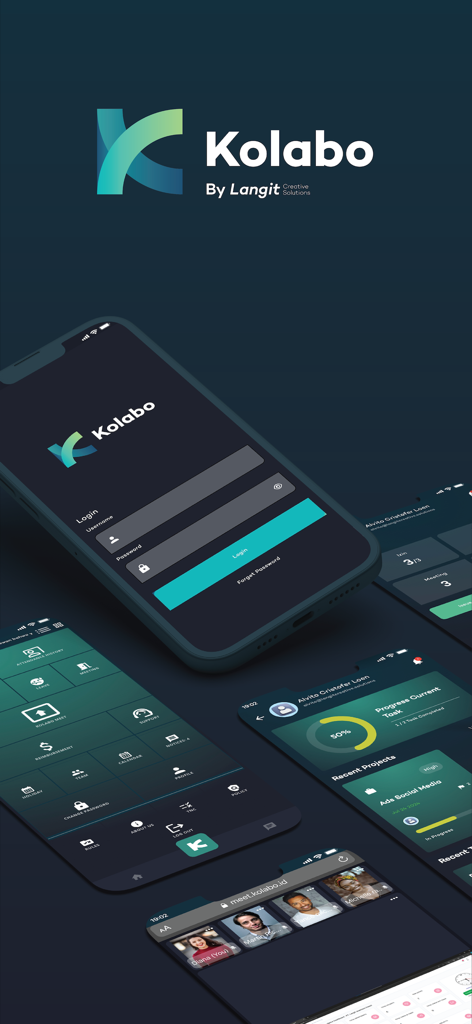 Mobile interface of Kolabo HRM and secure team collaboration app showing dashboard and project tracking