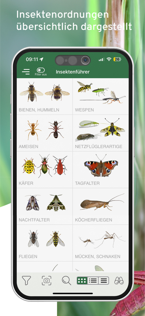 Insektenfuhrer Pro Natura app screen showing a grid of insect categories with scientific illustrations including bees, beetles, and butterflies.