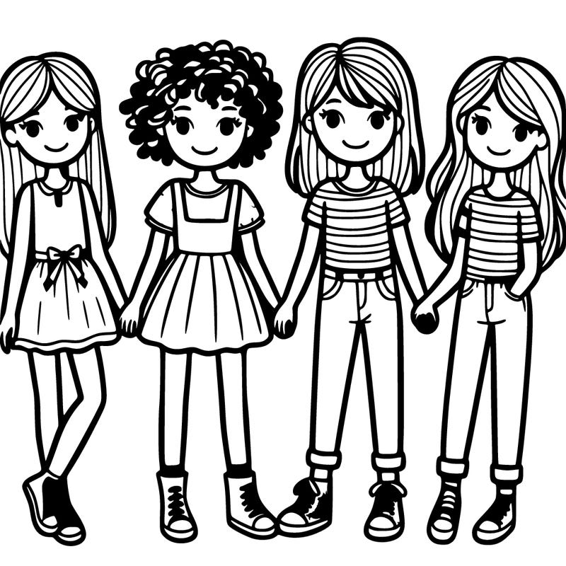 4 friends girls, 2 with cruly hair and 2 with straight hair