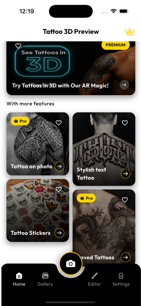 InkHunter Pro - InkHunter Pro app home screen showing 3D tattoo preview options and different tattoo categories