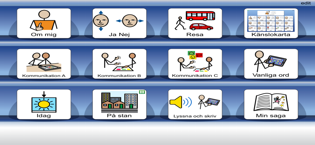 Widgit Go SE app interface displaying a grid of symbol-based communication boards