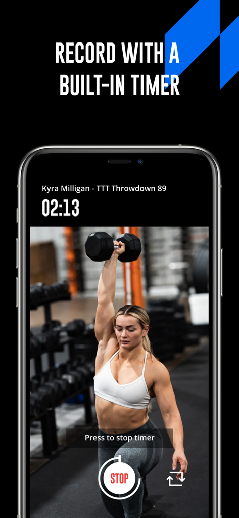 A woman performing a dumbbell exercise recorded with the WODProof built-in timer overlay