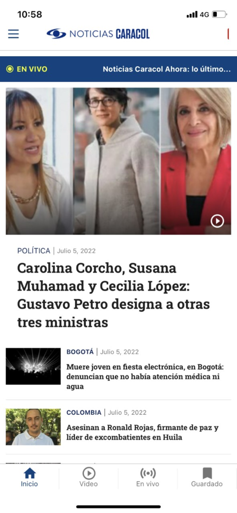 Screenshot of the Noticias Caracol mobile app interface showing a news feed with headlines about Colombian politics and local events