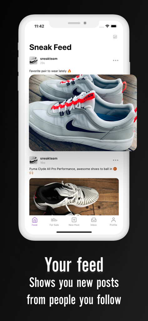 Sneak Freak app interface displaying the Sneak Feed with sneaker posts from community members.