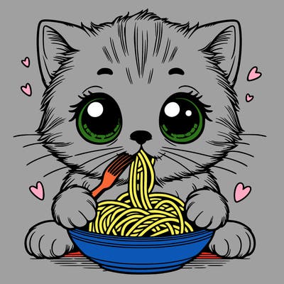 kitten with big eyes and small mouth eating spaghetti