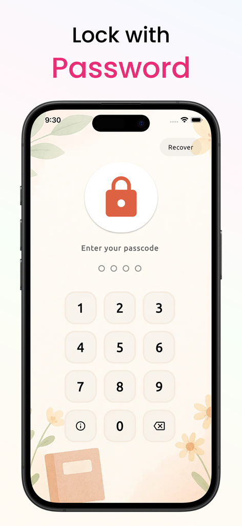 Secret Diary - Private Journal - Pantalla de bloqueo de la aplicación Diario Secreto con entrada de código de acceso y fondo floral estético