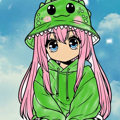 girl with anime shaped eyes with a dinosaur bucket hat oversized sweatshirt long straight hair