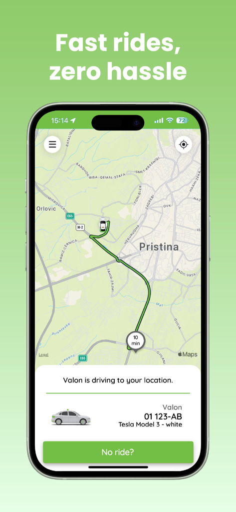 Tesla Taxi Kosova - Real-time map tracking of a white Tesla Model 3 taxi in Pristina on the Tesla Taxi Kosova app interface