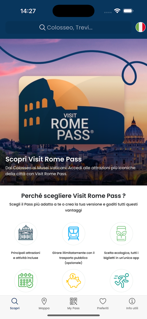 Discovery screen of Visit Rome Pass app highlighting attractions and public transport benefits