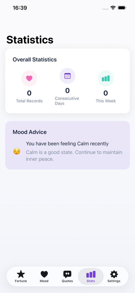 MoodCharm - MoodCharm app statistics dashboard with mood tracking data and wellness advice
