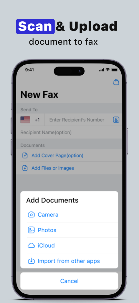 Mobile app interface showing options to scan and upload documents for faxing from an iPhone