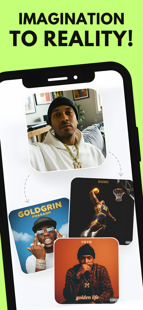 Interface do aplicativo Gerador de Capas de Álbum com IA mostrando uma selfie transformada em três capas de álbum profissionais