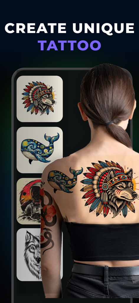 App AI Tattoo Generator che mostra un'anteprima di design di lupo e balena sulla schiena di una donna