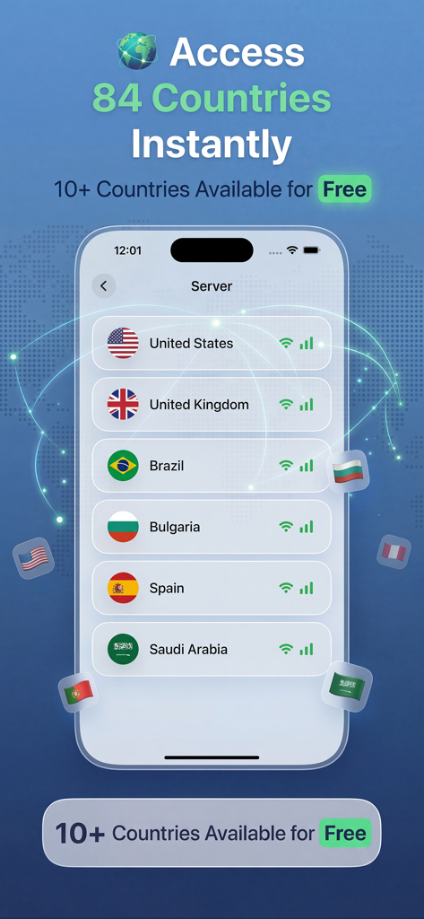 365VPN : World VPN - Pantalla móvil de la aplicación 365VPN que muestra una lista de servidores globales disponibles, incluyendo Estados Unidos y Reino Unido