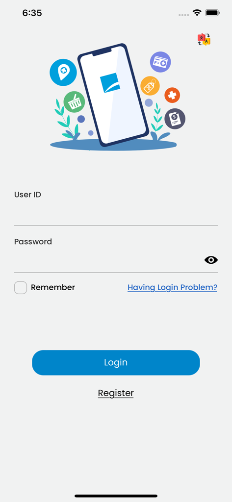 m-Plify - Tela de login do aplicativo de saúde m-Plify mostrando os campos de ID de Usuário e Senha