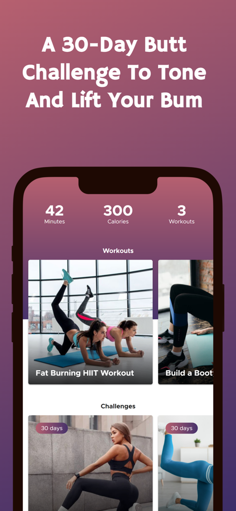 Ein Screenshot der 30-Tage-Po-Lifting-Challenge-App, der fettverbrennende HIIT-Workouts und Fitnessmetriken zeigt