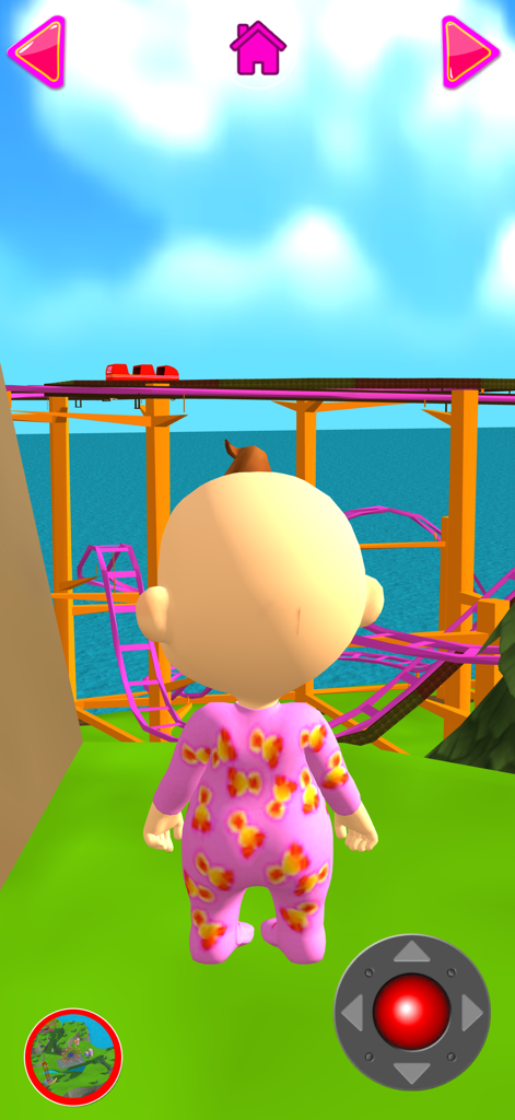 Babsy Baby character standing in front of a colorful roller coaster near the sea