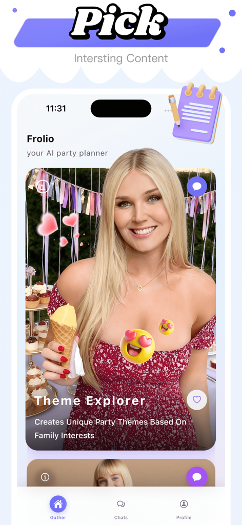 Fromi - Fromi mobile app interface showing the Theme Explorer feature for AI party planning